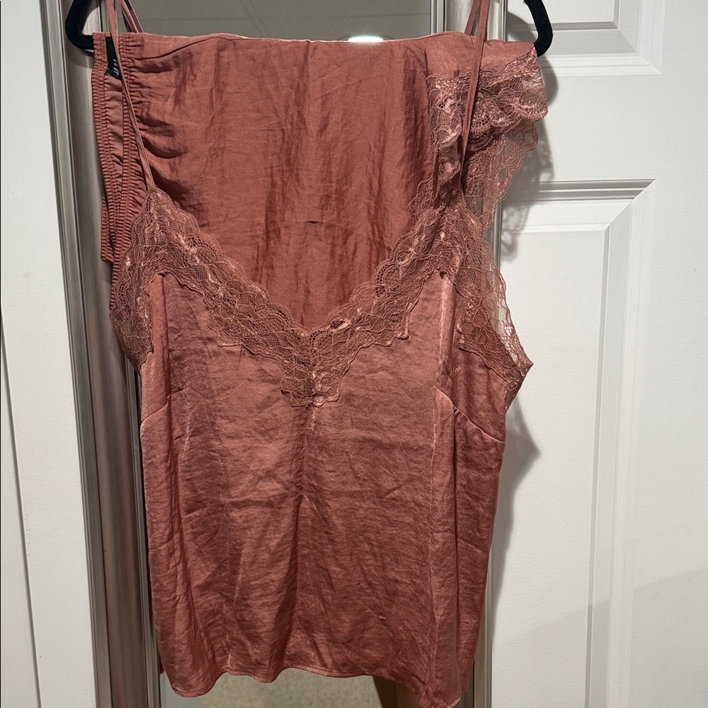 Ladies Lace-Trim Satin Pajama set  - Mauve Pink